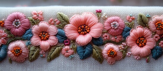 Poster - Elegant pink floral embroidery design on white cotton fabric showcasing intricate woven patterns and vibrant colors.