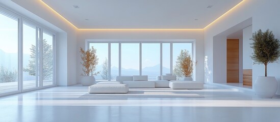 Poster - Minimalist apartment interior with white decor and large windows showcasing a bright, airy space filled with natural light.