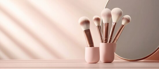 Poster - Stylish makeup brushes in elegant holders on a pastel table with a mirror and blank space for beauty product advertising or text placement