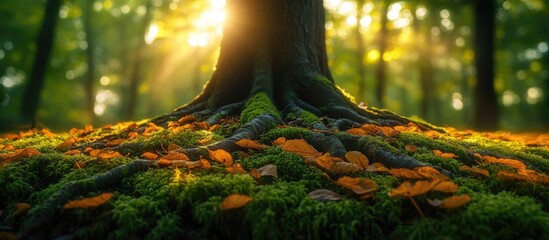 Poster - Intertwining tree roots amidst vibrant foliage illuminated by sunlight in a serene forest setting