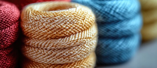 Poster - Interwoven threads of red, white, and yellow in a close-up showcasing texture and color contrast for crafting and textile design.