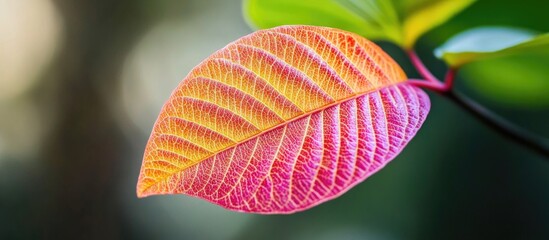 Poster - Macro close up of a vibrant red and pink leaf showcasing intricate details and textures against a blurred green background