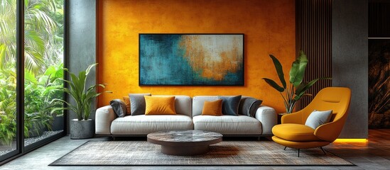 Poster - Modern living room interior with vibrant color patterns and contemporary furnishings surrounded by lush greenery and natural light