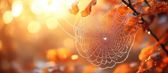 Poster - Atmospheric autumn scene featuring a cobweb adorned with morning dew and warm sunlight creating a serene backdrop for text placement.