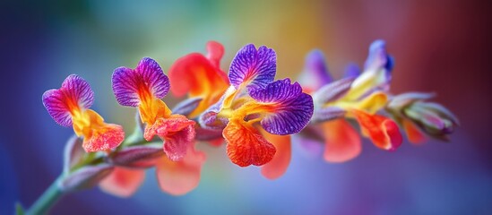 Poster - Vibrant macro shot of colorful flower petals showcasing intricate details and vivid hues in a blurred background setting