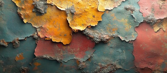 Poster - rustic wall texture with colorful peeling paint and layers showcasing age and decay in a captivating