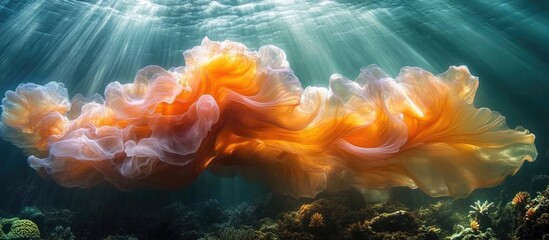 Poster - Colorful and ethereal underwater sculpture resembling fluid art with vibrant hues and beams of light illuminating a serene ocean scene