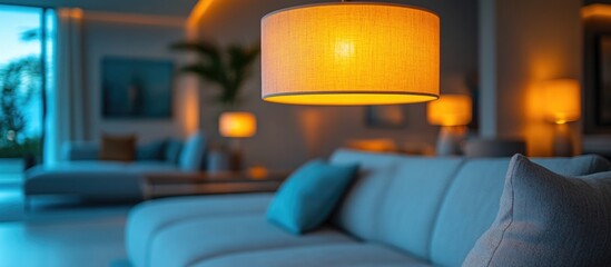 Poster - Modern interior lighting design with warm tones and selective focus showcasing a cozy living space atmosphere.