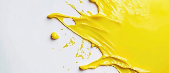 Poster - Macro shot of vibrant yellow liquid spilling on a clean surface with ample negative space for text or graphic overlay