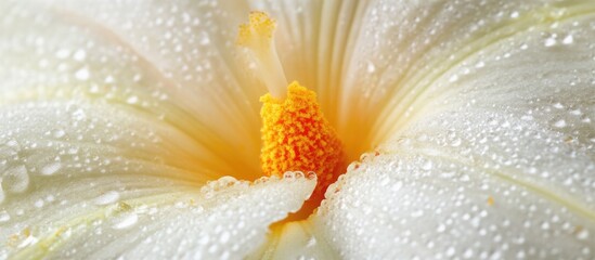 Poster - Macro Close-Up of Dewy White Orchid Petals with Yellow Center and Room for Text Overlay