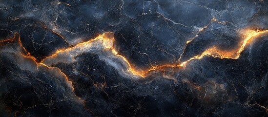 Poster - Black textured marble background with glowing golden veins for elegant design applications and modern aesthetics.