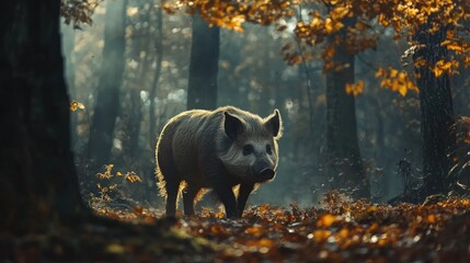 Poster - Wild Pig Roaming Through Autumn Forest Surrounded by Colorful Leaves and Soft Light