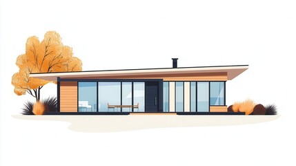 Poster - Modern minimalist house model featuring flat roofs, expansive glass windows, and sleek lines, presented on a transparent background.
