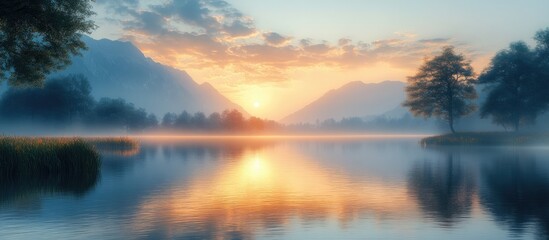 Canvas Print - Serene landscape at sunrise with reflective water and soft mist for motivational and inspirational themes