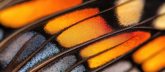 Poster - Macro close-up of vibrant butterfly wing patterns showcasing colors and textures of Danaus chrysippus for nature and design themes.