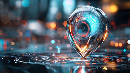 Poster - Dynamic location marker concept futuristic cityscape digital art high-tech environment close-up view innovation and connectivity