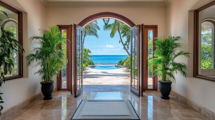 Poster - Elegant entrance showcasing a spacious sea view window with lush greenery and inviting natural light in a coastal home setting.