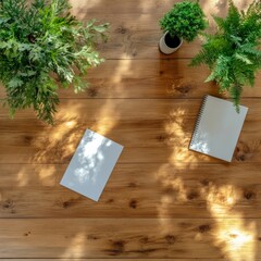 Aufkleber - Natural Workspace Aesthetic Wooden Desk with Notepad and Plants - Collaborative Planning Content for Eco-Friendly Office Design and Productivity Enhancement