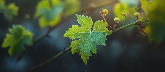 Poster - Macro shot of a green vine leaf showcasing intricate details against a softly blurred natural backdrop