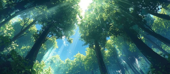 Poster - Majestic view of sunlit forest trees reaching towards a bright blue sky with rays of light filtering through the lush green canopy.