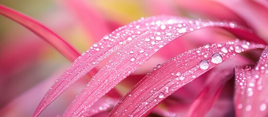 Poster - Macro shot of dew droplets on vibrant pink grass blades glistening in morning light showcasing nature's delicate beauty.