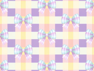 Poster - Pastel gingham pattern with cute bows in seamless design, featuring soft colors