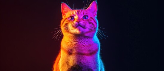 Poster - Vibrant ginger cat illuminated with neon colors against a dark backdrop providing space for text or creative designs