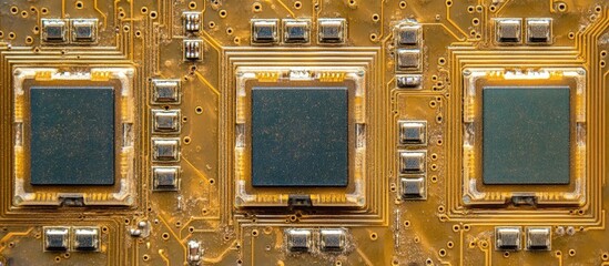 Poster - Macro view of silicon microcircuit with empty text area for technology related design and advertising purposes