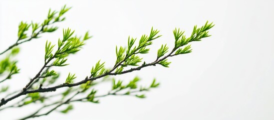 Poster - Macro view of green branches with fresh leaves isolated on a white background for nature and botanical themes.