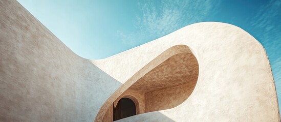 Poster - Modern architectural design showcasing unique plastered walls and an archway against a clear blue sky with ample blank space for text