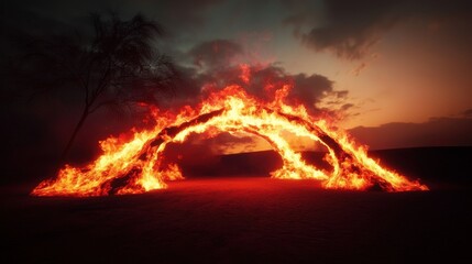 Poster - Fiery arch of flames ignites desert landscape at dusk dramatic visuals for artistic expression