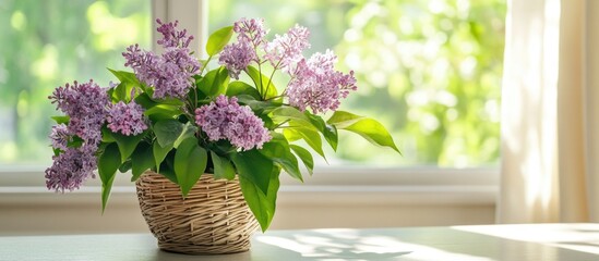 Poster - Fresh purple lilac flowers in a wicker basket with green leaves on a light table, showcasing a cozy home decor in natural light.