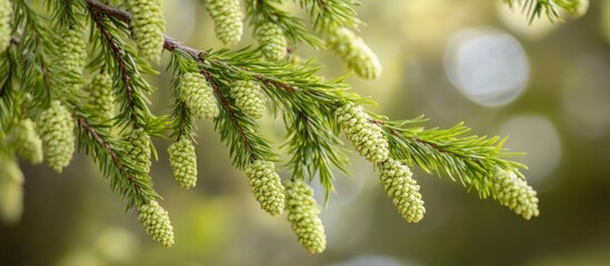 Poster - Macro shot of soft green tree branches with fresh foliage creating a serene natural background ideal for text placement and design projects