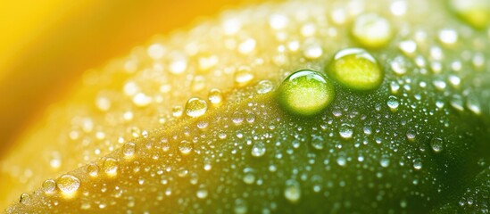 Poster - Macro Dew Drops on Green Apple with a Vibrant Yellow Background for Artistic Photography