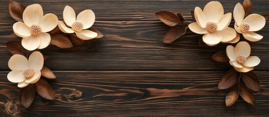 Poster - Magnolia flowers arrangement on wooden surface with pastel background and ample empty space for creative text or design elements.