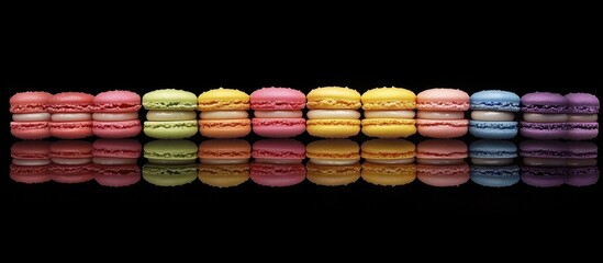 Wall Mural - Colorful macarons arranged on a reflective surface against a black background showcasing culinary art and gourmet delights.