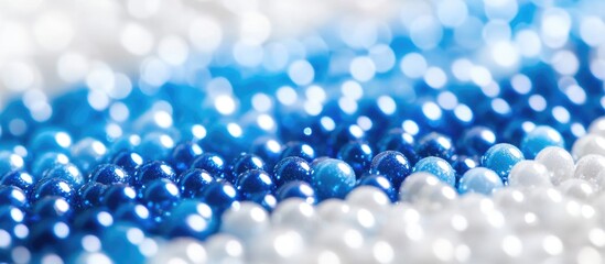 Poster - Bright blue and white Mardi Gras beads in circular arrangement with bokeh effect on a white surface creating a vibrant macro abstract background