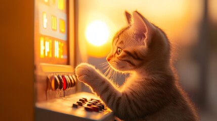 Poster - Retro Arcade Pet Portrait Neon-Lit Kitten Interaction for Modern Digital Decor and Interactive Marketing in Gaming and Lifestyle Industries