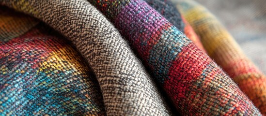 Aufkleber - Melange textile close-up showcasing vibrant colors and textures on a neutral grey background for interior design and fashion concepts.