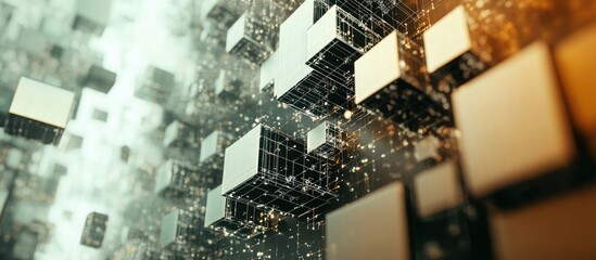 Poster - Abstract macro perspective of interconnected data blocks with ethereal particles and customizable space for text in a digital environment