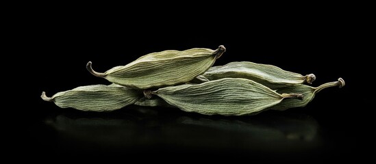 Poster - Close-up of dried green cardamom pods arranged artistically on a black background highlighting their unique texture and color.
