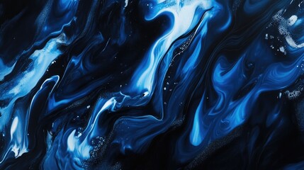 Poster - Vivid blue abstract fluid design on dark backdrop showcasing dynamic motion and contemporary artistic flair.