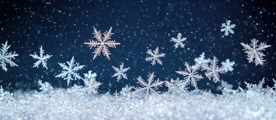 Poster - Enchanting winter landscape featuring luminous snowflakes gently settling on a moonlit ground with space for custom text overlay
