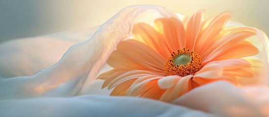 Poster - Delicate macro shot of a soft peach flower enveloped in sheer fabric creating a tranquil and elegant atmosphere