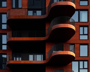 Poster - Geometric Modernity Urban Apartment Facade with Curved Metal Balconies and Textured Brick for Real Estate Innovation and Contemporary Urban Living Marketing
