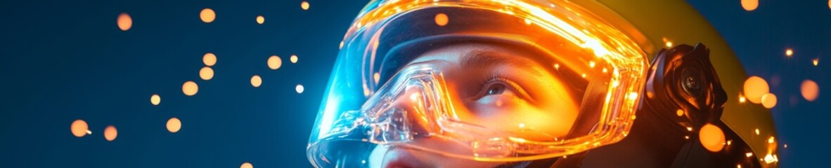 Aufkleber - Futuristic Emergency Coordination Young Professional in Illuminated Protective Gear with Advanced Tech - Crisis Management and Disaster Response Strategy for Public Safety Enhancement