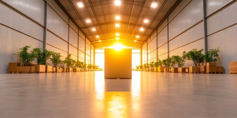 Aufkleber - Sunlit Industrial Storage Sleek High-Ceiling Warehouse with Organized Pallet Racks and Greenery Efficient Inventory Management and Sustainable Logistics Solution
