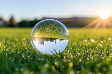 Aufkleber - Biophilic Design Element Crystal Globe in Dew-Kissed Grass - Eco-Friendly Branding and Environmental Awareness for Sustainability Initiatives in Green Marketing