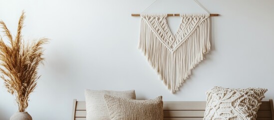 Poster - Stylish macrame wall art in neutral tones enhancing a modern living space with cozy decor and natural elements.