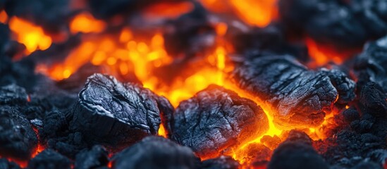 Poster - Macro shot of glowing volcanic magma texture with fiery orange and yellow highlights showcasing volcanic energy and space for text placement.